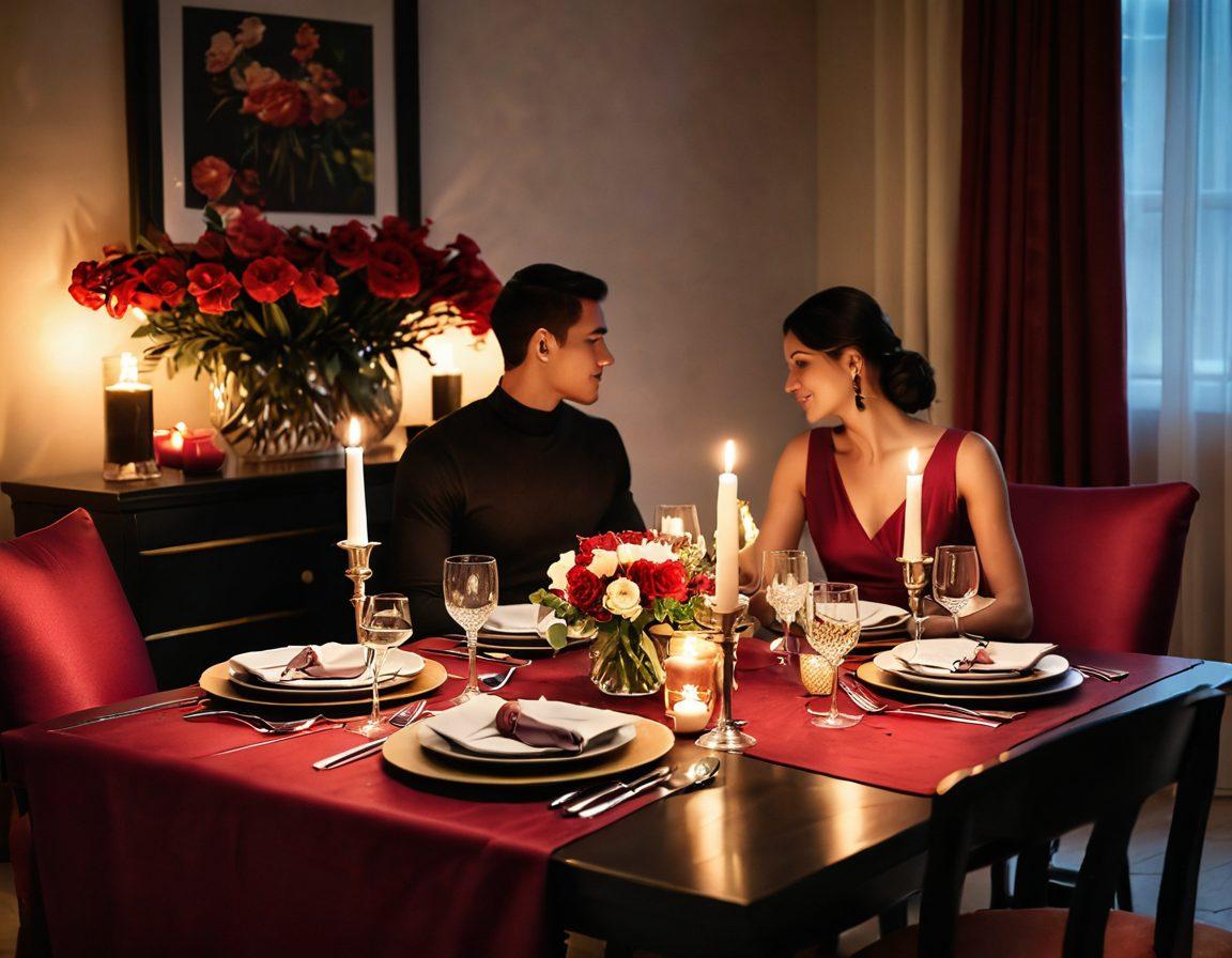 A romantic setting featuring a candlelit dinner table adorned with luxurious fabrics and flowers, symbolizing intimacy and connection. Soft lighting enhances the mood, with silhouettes of a couple sharing a tender moment in the background. Elements of modern relationships like smartphones and a cozy living room add a contemporary touch. Artistic flares of passion and warmth portrayed through color palettes of deep reds and soft pinks. vibrant colors. super-realistic.