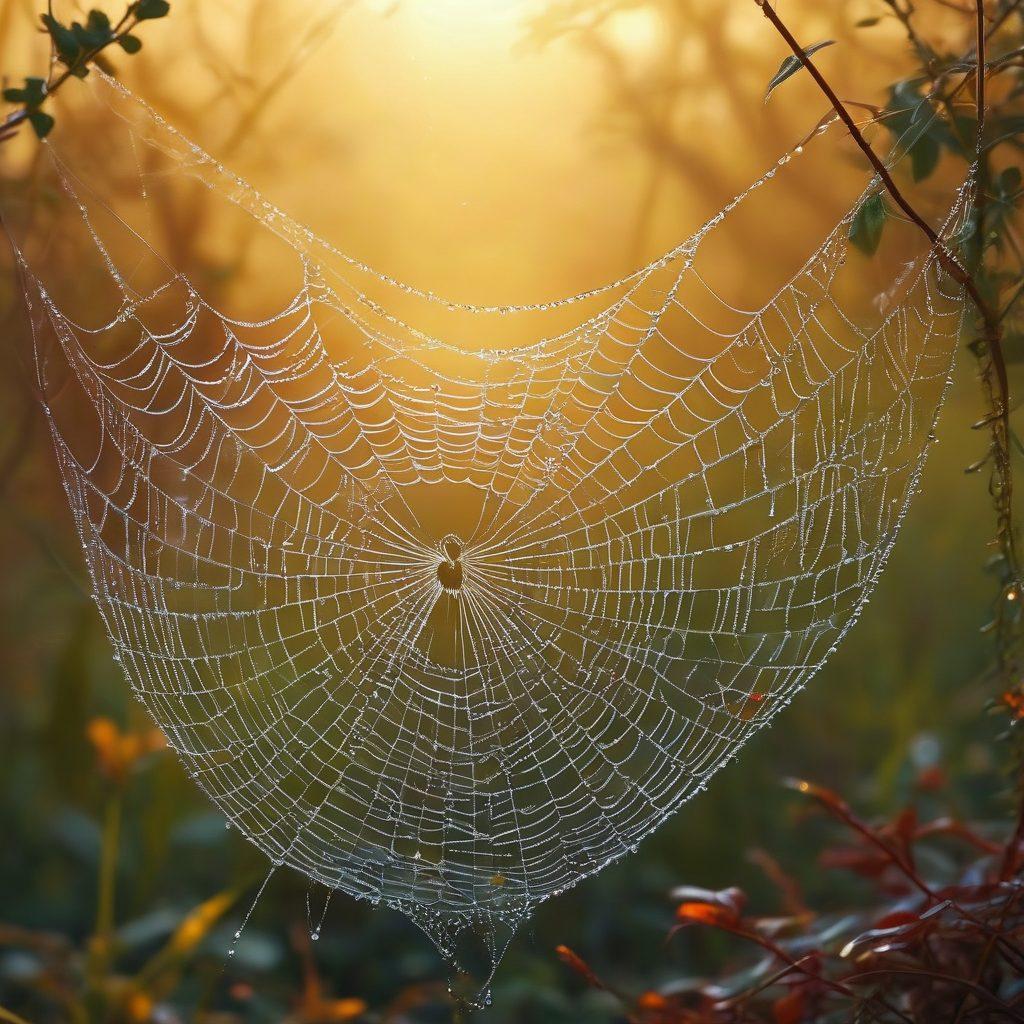 A visually captivating illustration of a delicate spider web glistening with morning dew, symbolizing the complexity of relationships, intertwined with silhouettes of diverse couples engaging in flirtatious gestures. The background should feature a soft gradient of warm hues, creating an atmosphere of intrigue and passion. The elements of attraction like hearts and lips subtly integrated into the web. surreal art. vibrant colors. soft focus.